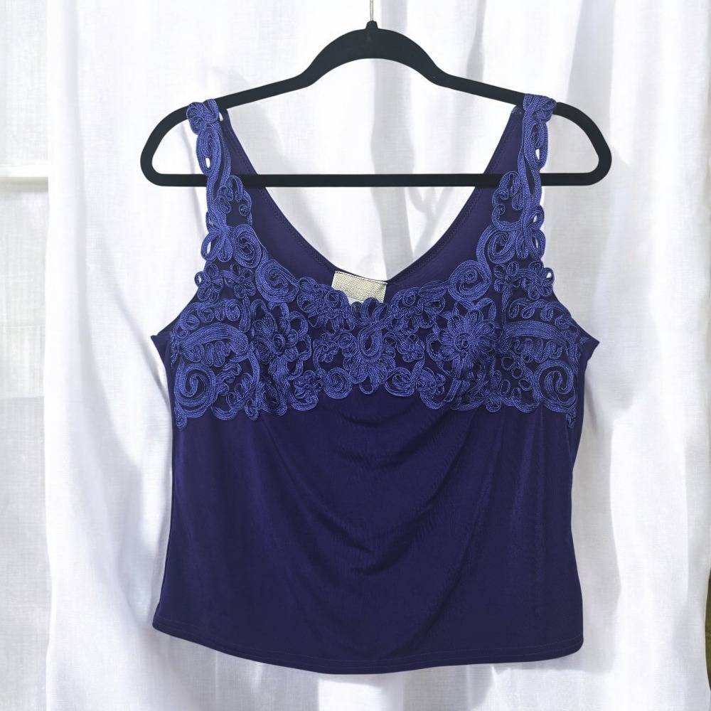 Vintage Fashque Embellished Tank Top‎ Sleeveless Blue Floral USA Made Size 1X